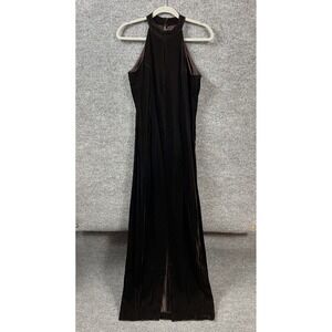 Womens Dress Chocolate Brown Velvet Long Keyhole Front Slit Gown Sz 9/10 VTG 80s
